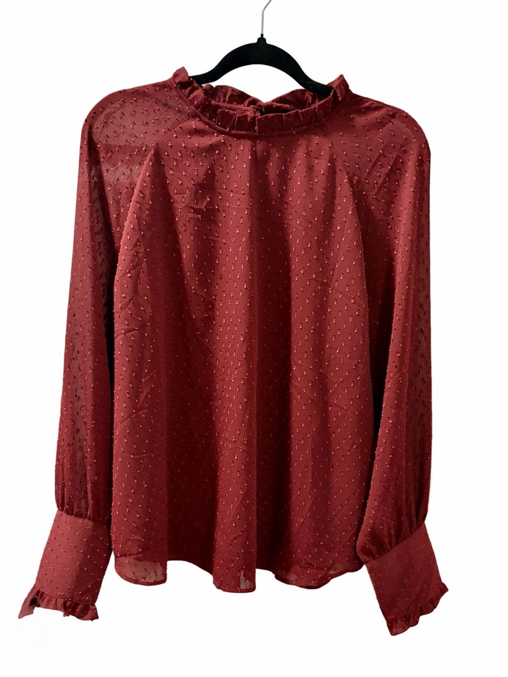NWT Ann Taylor XL Burgundy Swiss Dot Ruffle Mock Neck Lined Blouse